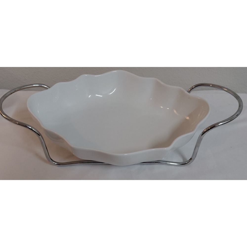 Over and Back Classic White Porcelain Oval Wavy Baker Casserole & Chrome Stand